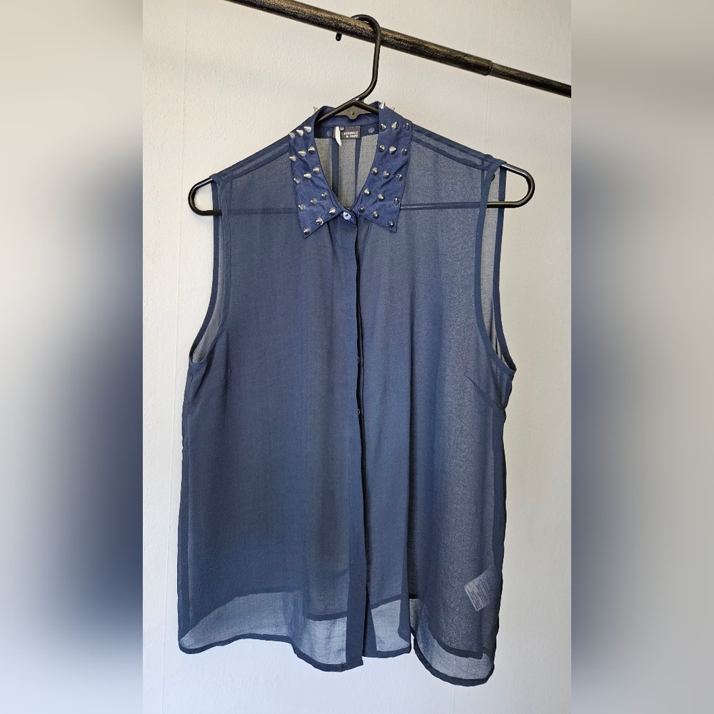Urban Outfitters x Sparkle & Fade Sheer Blue Blouse with Studded Collar